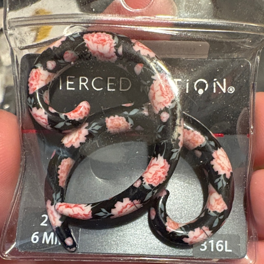 Pierced Nation Black and Pink Floral Spiral Earrings 2G